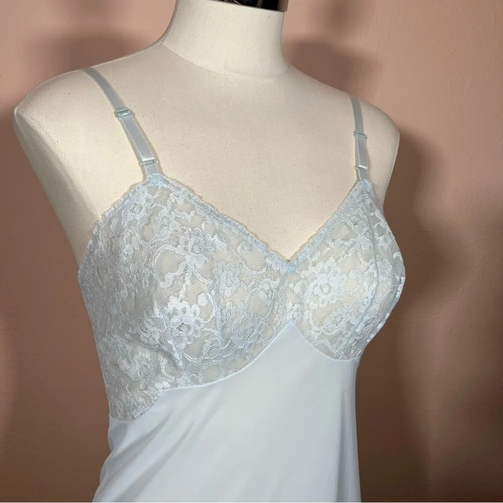 Vintage 40 50 Retro Vanity Fair Pale Blue Lace mini Slip Dress Night Gown - Picture 15 of 17